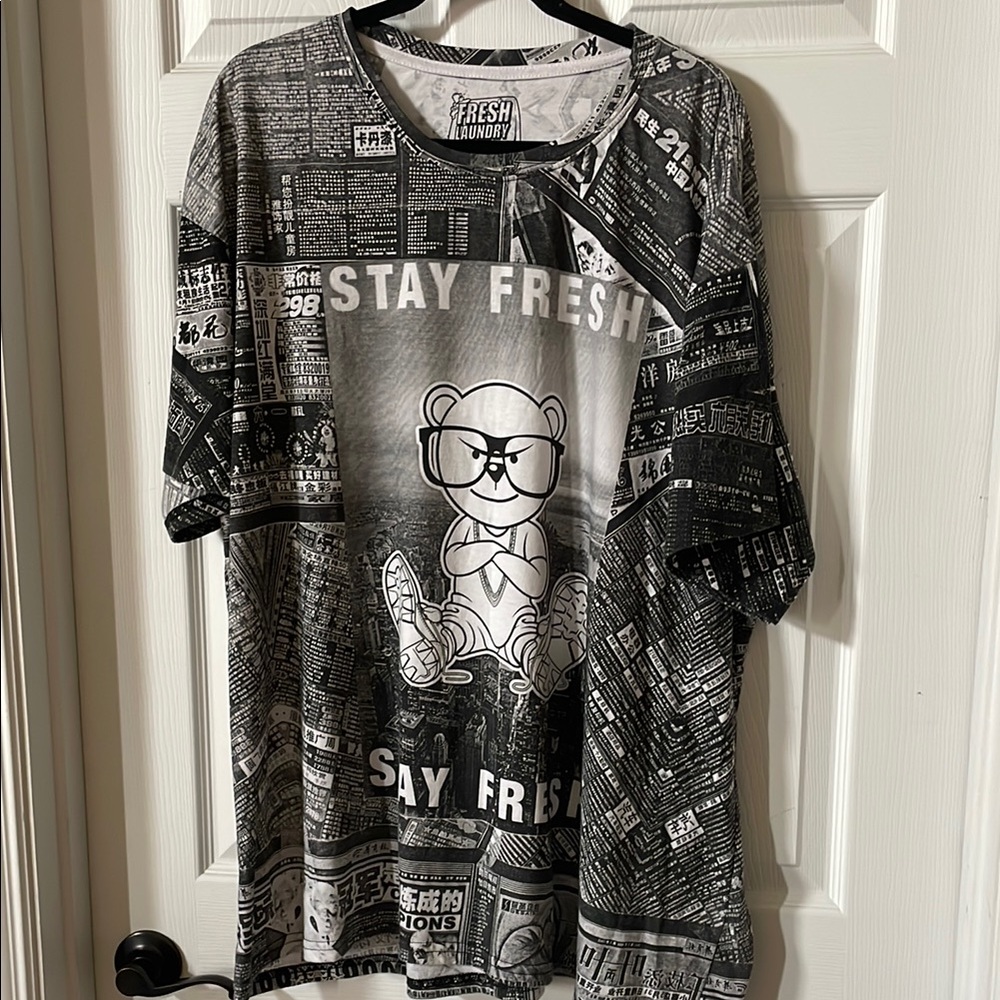 Fresh Laundry stay fresh teddy shirt, newsprint pattern, size 4xl